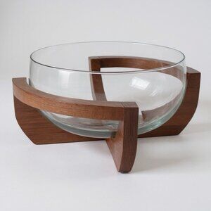 Vintage Gailstyn Sutton MCM Glass Salad Serving Bowl w/ Teak Wood Stand Cradle